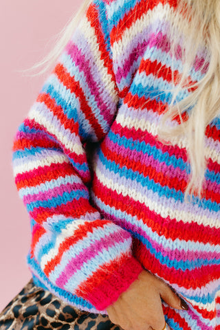 Quinten Rainbow Stripe Sweater in Cherry/Sky