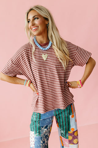 Emma Slub Stripe Tee in Marsala