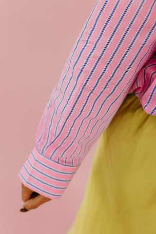 Kimber Stripe Bubble Button Down Top in Pink/Navy