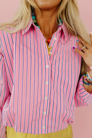 Kimber Stripe Bubble Button Down Top in Pink/Navy