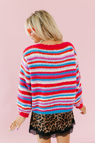Quinten Rainbow Stripe Sweater in Cherry/Sky