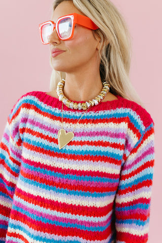 Quinten Rainbow Stripe Sweater in Cherry/Sky