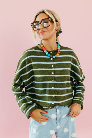 Piper Cardigan in Olive/Blue Stripe
