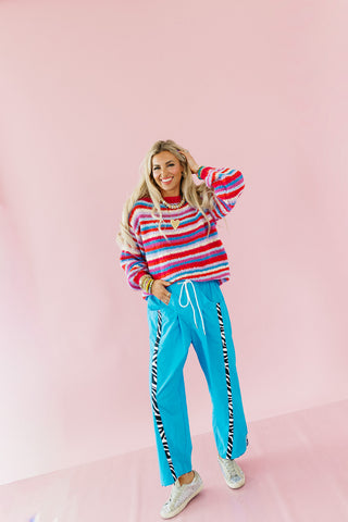 Quinten Rainbow Stripe Sweater in Cherry/Sky
