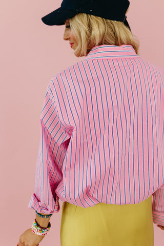 Kimber Stripe Bubble Button Down Top in Pink/Navy