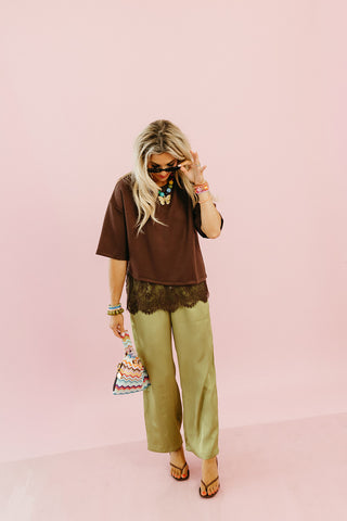 Quinn Asymmetrical Lace Hem Tee in Brown