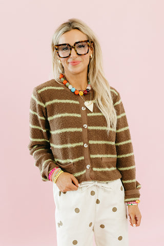 Georgie Stripe Cardigan in Choco/Chartreuse