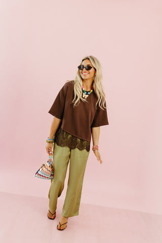 Quinn Asymmetrical Lace Hem Tee in Brown