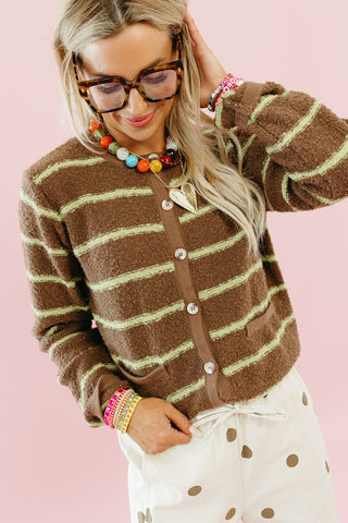 Georgie Stripe Cardigan in Choco/Chartreuse