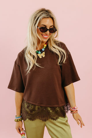 Quinn Asymmetrical Lace Hem Tee in Brown