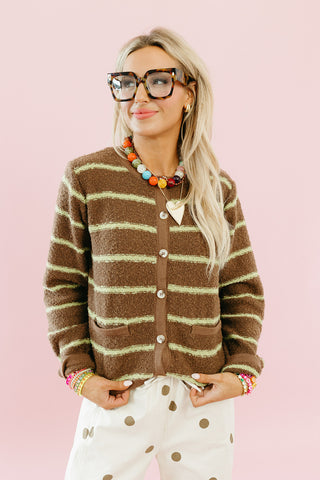 Georgie Stripe Cardigan in Choco/Chartreuse