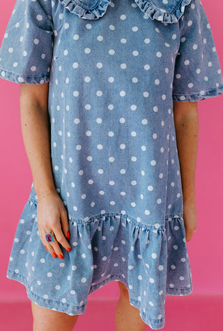 Everlynn Polka Dot Denim Ruffle Collar Mini Dress