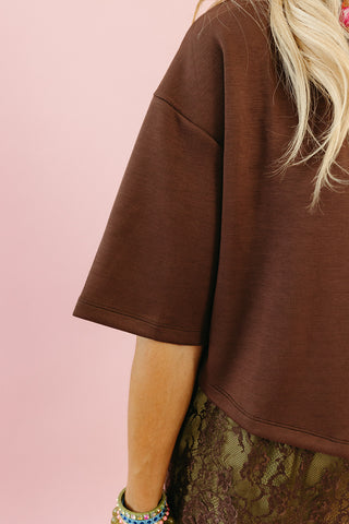 Quinn Asymmetrical Lace Hem Tee in Brown
