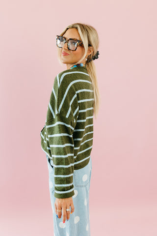 Piper Cardigan in Olive/Blue Stripe