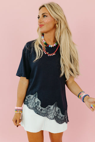 Isla Slub Lace Hem Tee in Navy