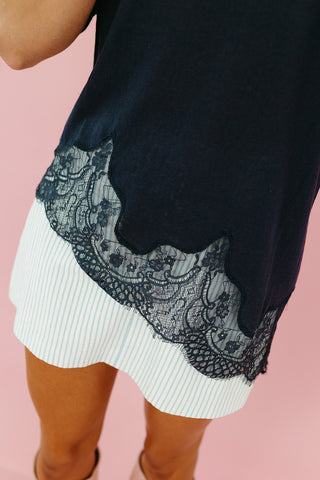 Isla Slub Lace Hem Tee in Navy