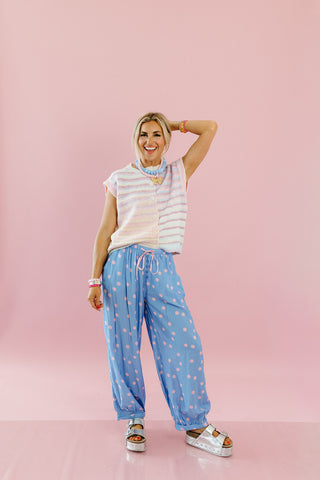 Kara Polka Dot Pants in Periwinkle/Pink