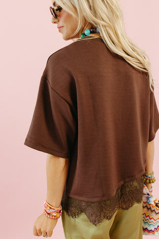 Quinn Asymmetrical Lace Hem Tee in Brown