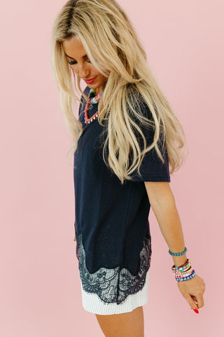 Isla Slub Lace Hem Tee in Navy
