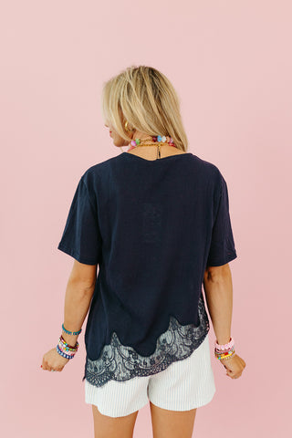 Isla Slub Lace Hem Tee in Navy