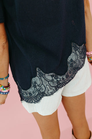 Isla Slub Lace Hem Tee in Navy