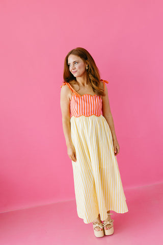 Keely Stripe Scallop Midi Dress in Lemon/Orange