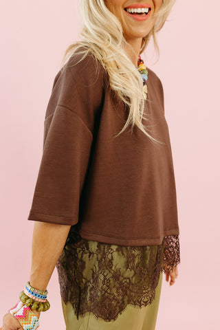 Quinn Asymmetrical Lace Hem Tee in Brown