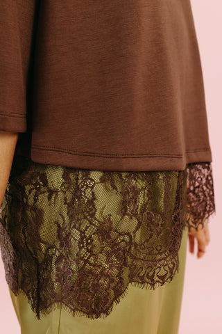 Quinn Asymmetrical Lace Hem Tee in Brown