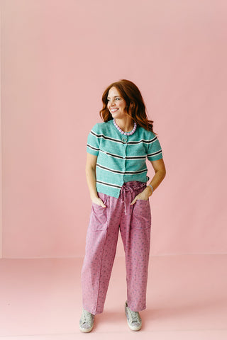 Fiona Stripe Short Sleeve Cardigan in Green