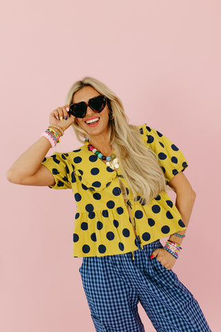 Molly Polka Dot Peter Pan Top in Lime/Navy