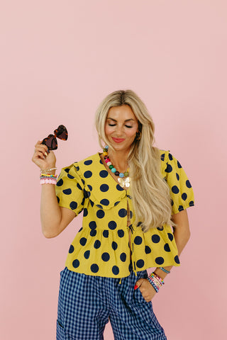 Molly Polka Dot Peter Pan Top in Lime/Navy