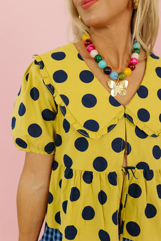 Molly Polka Dot Peter Pan Top in Lime/Navy