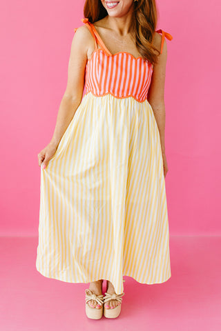Keely Stripe Scallop Midi Dress in Lemon/Orange