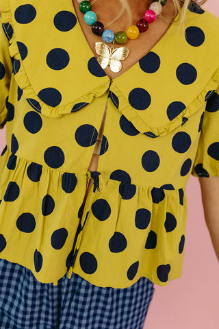 Molly Polka Dot Peter Pan Top in Lime/Navy