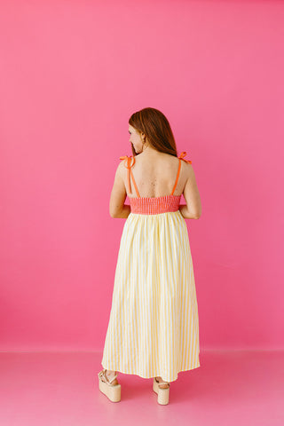 Keely Stripe Scallop Midi Dress in Lemon/Orange
