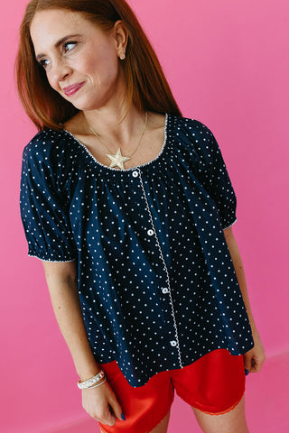 Elizabeth Polka Dot Top in Navy