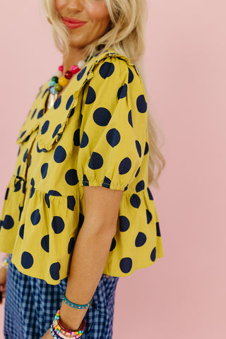 Molly Polka Dot Peter Pan Top in Lime/Navy