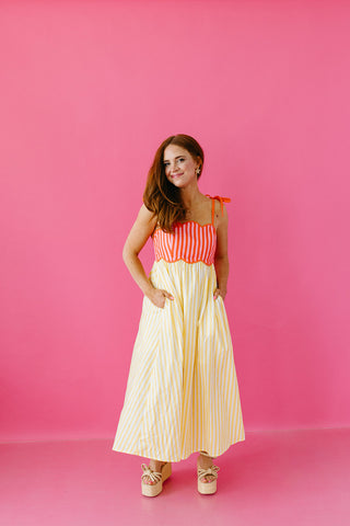 Keely Stripe Scallop Midi Dress in Lemon/Orange