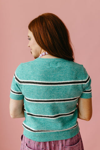 Fiona Stripe Short Sleeve Cardigan in Green