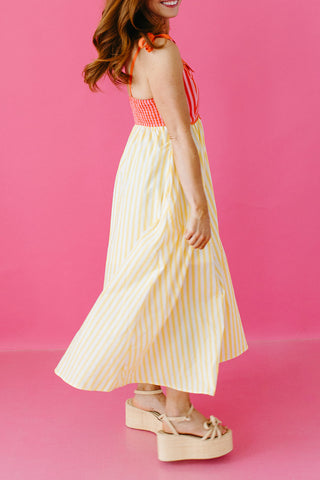Keely Stripe Scallop Midi Dress in Lemon/Orange