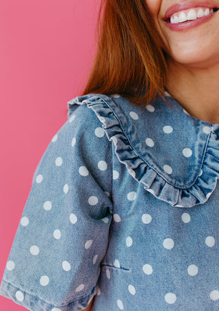 Everlynn Polka Dot Denim Ruffle Collar Mini Dress