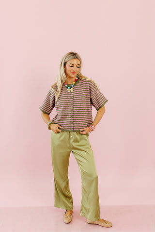 Steele Stripe Short Sleeve Cardigan in Moss/Pink