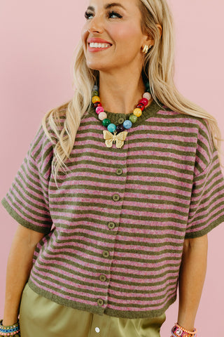 Steele Stripe Short Sleeve Cardigan in Moss/Pink