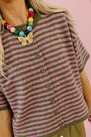 Steele Stripe Short Sleeve Cardigan in Moss/Pink