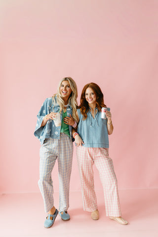 Ginny Plaid Boxer Pants in Blue/Taupe