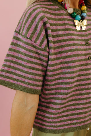 Steele Stripe Short Sleeve Cardigan in Moss/Pink