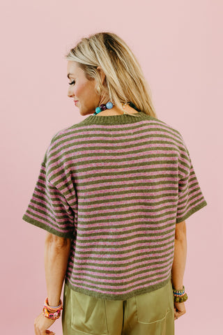 Steele Stripe Short Sleeve Cardigan in Moss/Pink