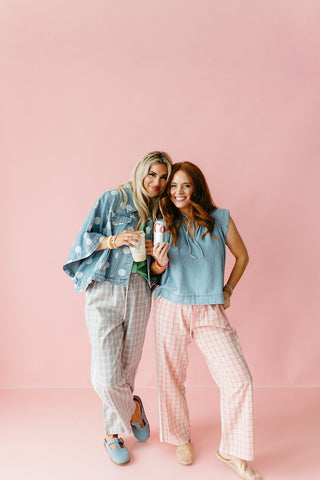 Ginny Plaid Boxer Pants in Pink/Taupe