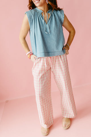 Ginny Plaid Boxer Pants in Pink/Taupe