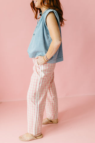 Ginny Plaid Boxer Pants in Pink/Taupe